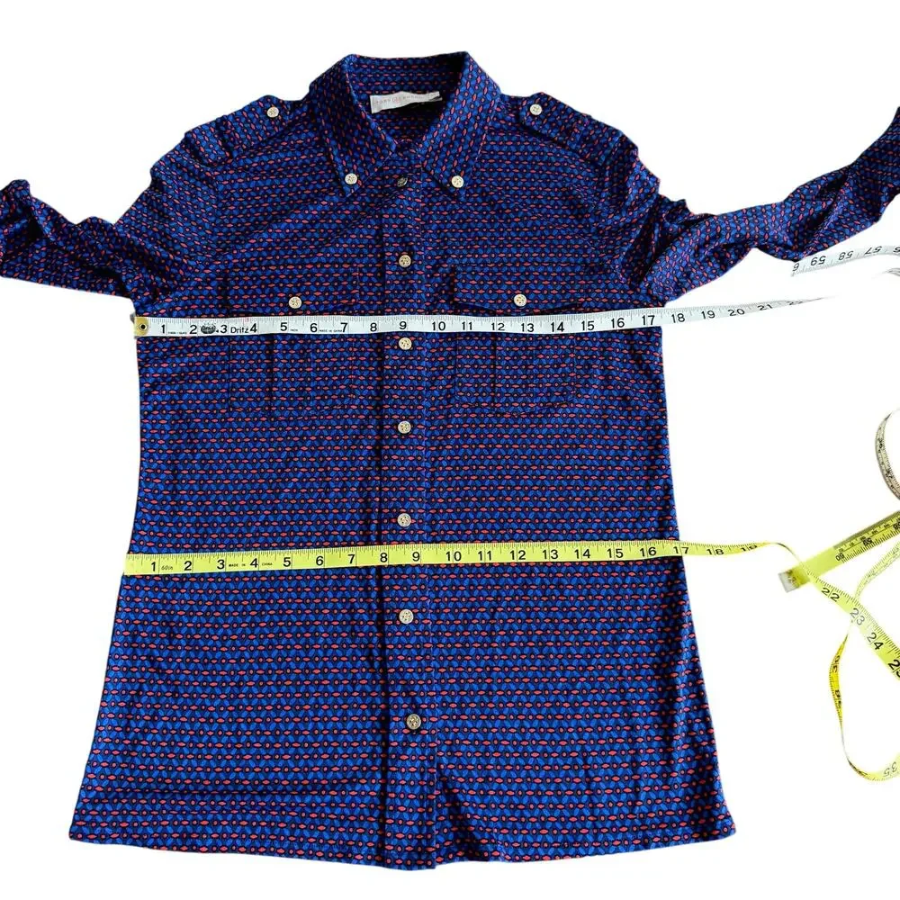 Tory Burch Silk Blend Utility Shirt Cobalt Blue Geometric Epaulets Gold Logo S